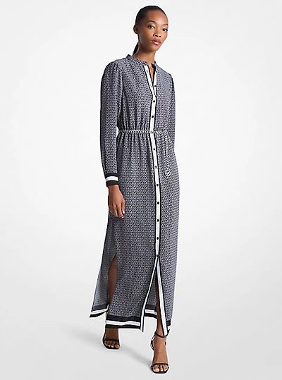 Logo Print Satin Belted Maxi Dress