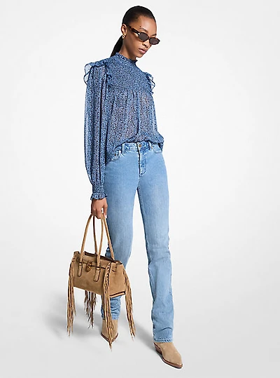 Metallic Paisley Print Smocked Georgette Blouse