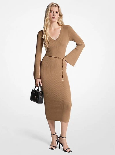 Wool Blend Belted Midi Dress
