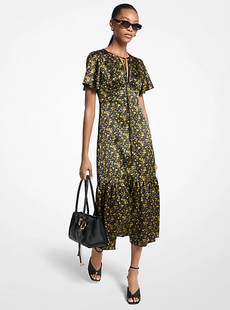 Floral Hammered Satin Midi Dress