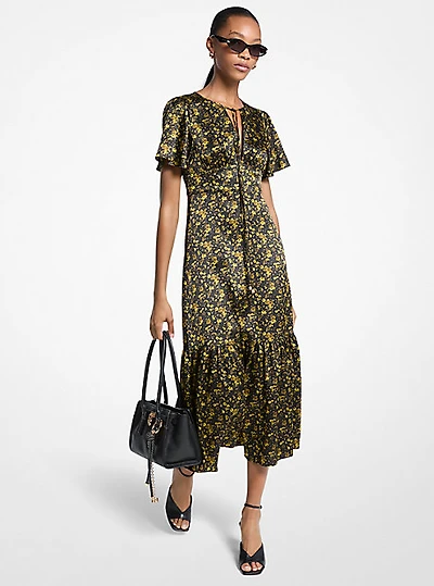 Floral Hammered Satin Midi Dress