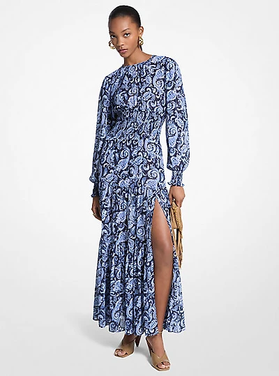 Paisley Print Smocked Georgette Maxi Dress