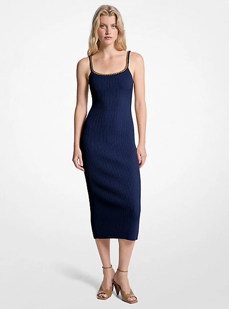 Chain Ribbed Stretch Knit Midi Dress