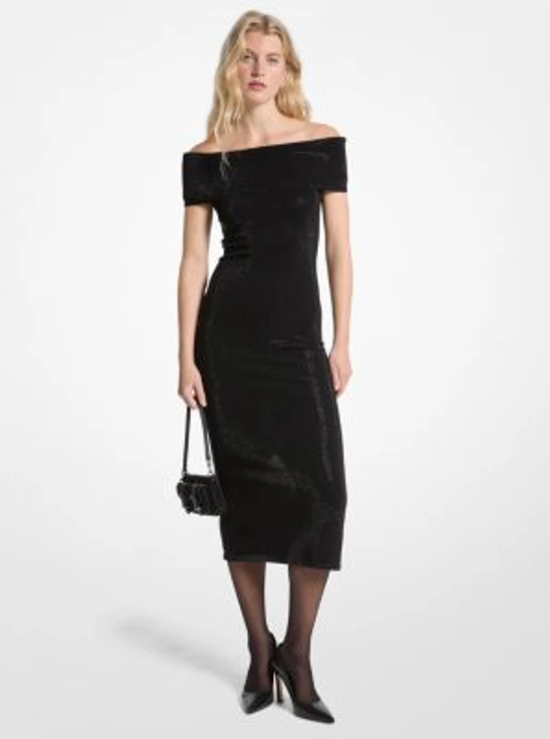 Embellished Stretch Knit Off-The-Shoulder Dress