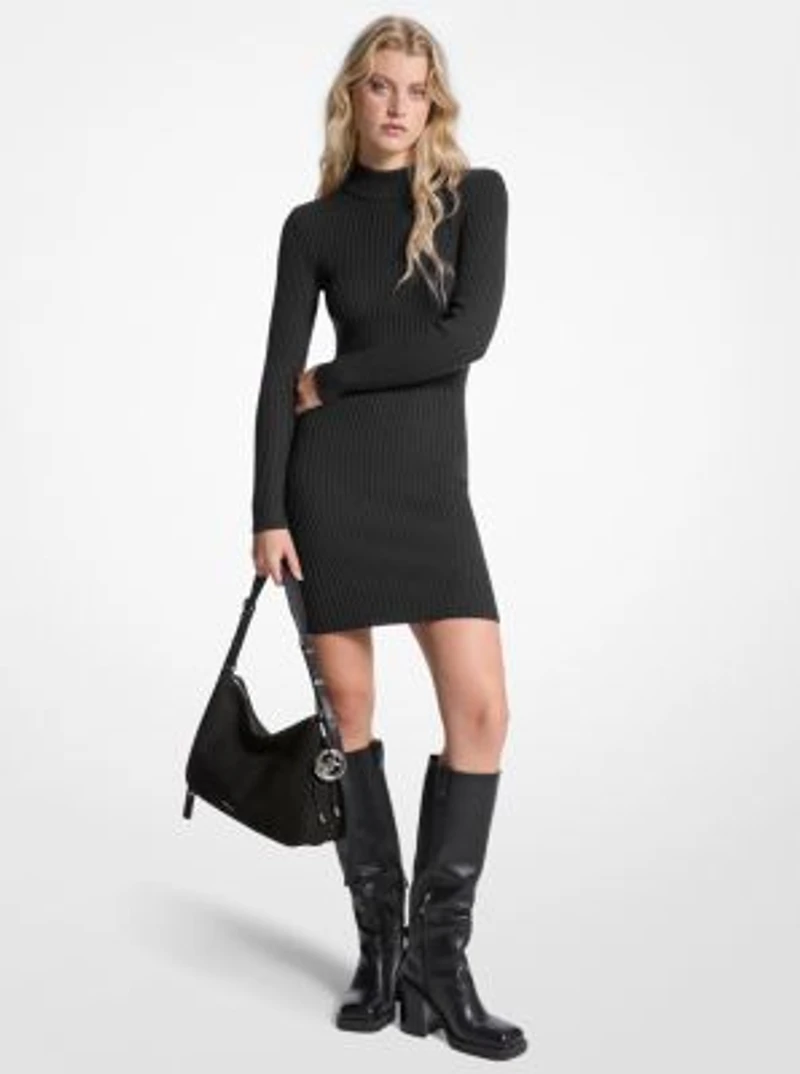Ribbed Stretch Wool Mock Neck Dress