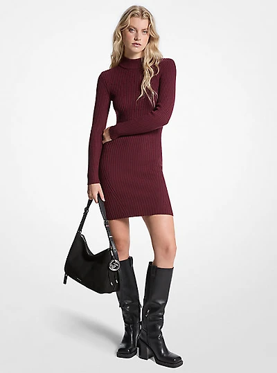 Ribbed Stretch Wool Mock Neck Dress