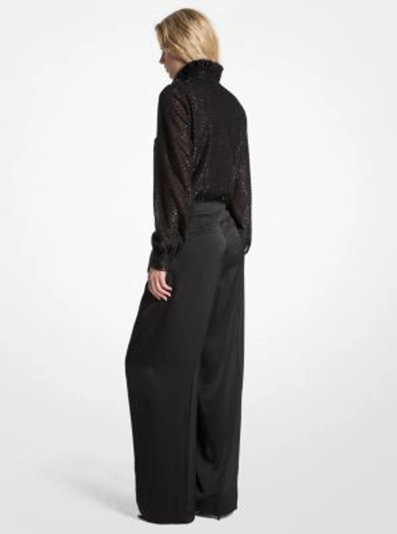 Metallic Clip Jacquard and Satin Tie-Neck Jumpsuit
