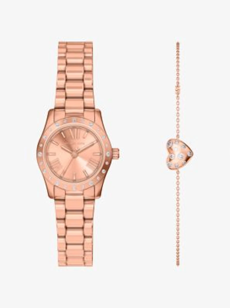 Petite Lexington Pavé Rose Gold-Tone Watch and Heart Bracelet Gift Set