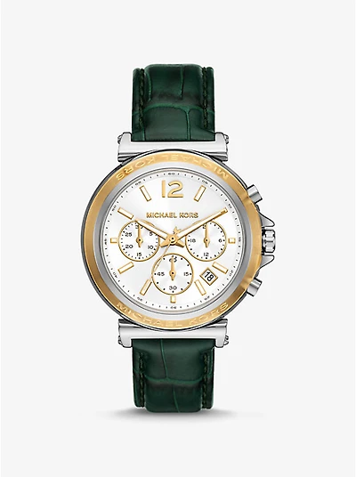 Oversized Maren Silver-Tone and Crocodile Embossed Leather Watch