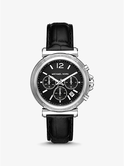 Oversized Maren Silver-Tone and Crocodile Embossed Leather Watch