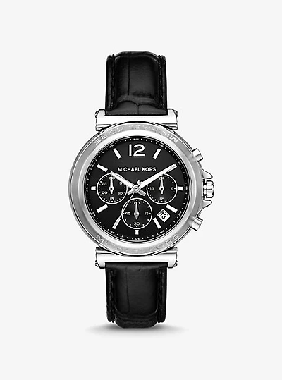 Oversized Maren Silver-Tone and Crocodile Embossed Leather Watch