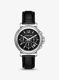 Oversized Maren Silver-Tone and Crocodile Embossed Leather Watch