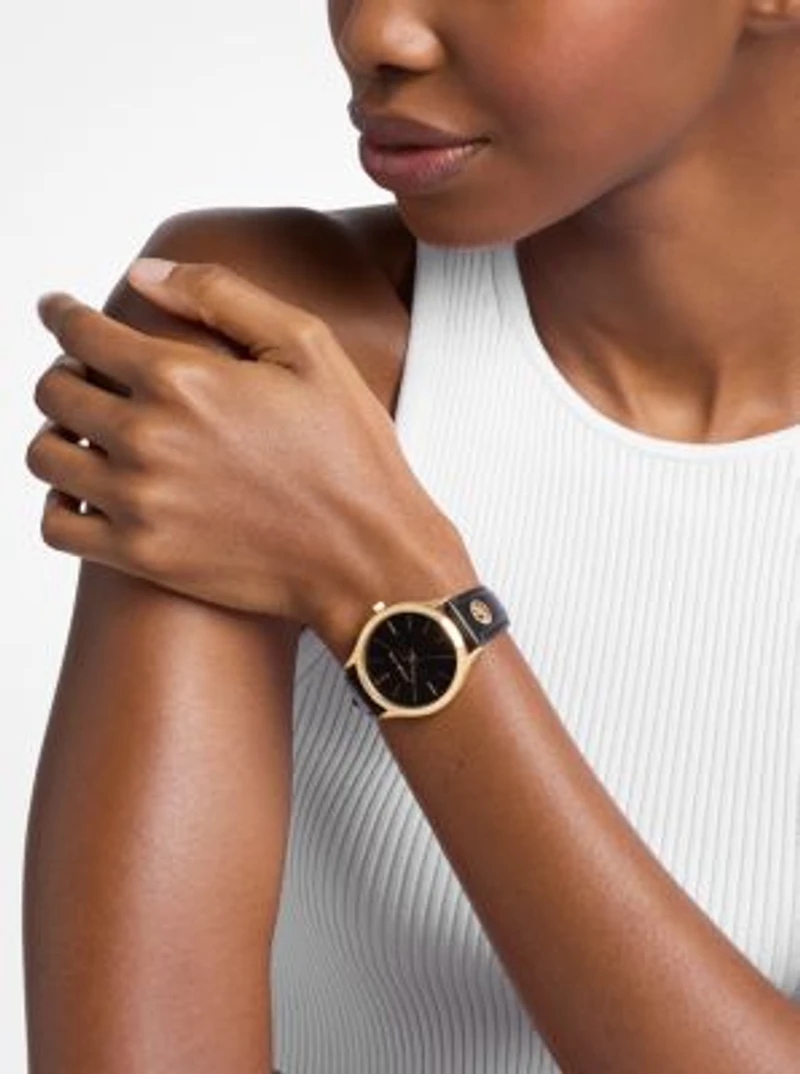 Slim Runway Gold-Tone and Leather Watch