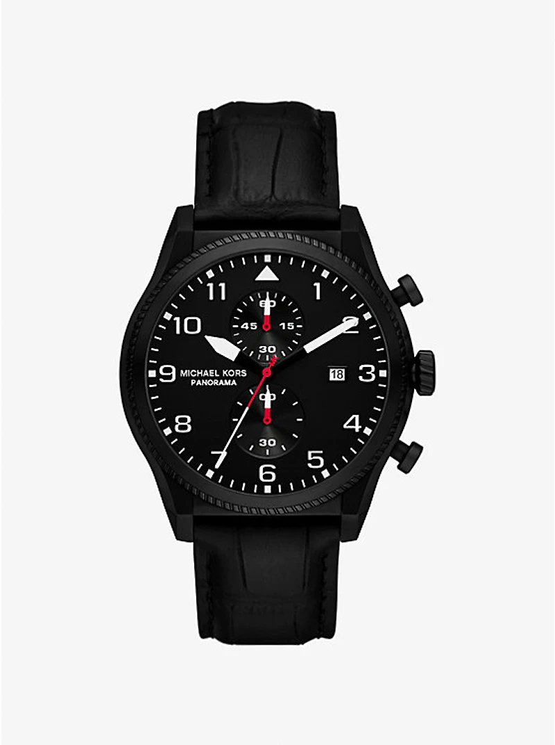 Oversized Panorama Black-Tone and Crocodile Embossed Leather Watch