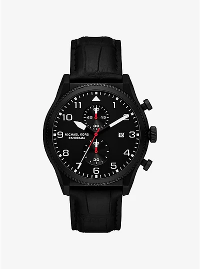 Oversized Panorama Black-Tone and Crocodile Embossed Leather Watch