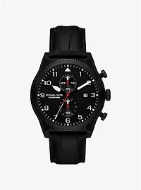 Oversized Panorama Black-Tone and Crocodile Embossed Leather Watch