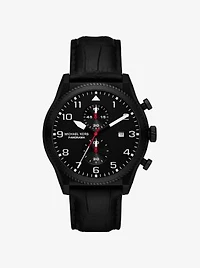 Oversized Panorama Black-Tone and Crocodile Embossed Leather Watch