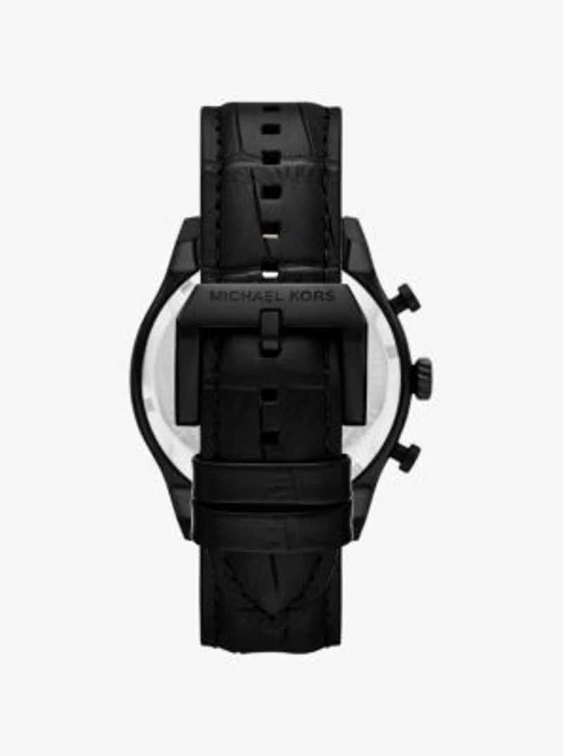 Oversized Panorama Black-Tone and Crocodile Embossed Leather Watch