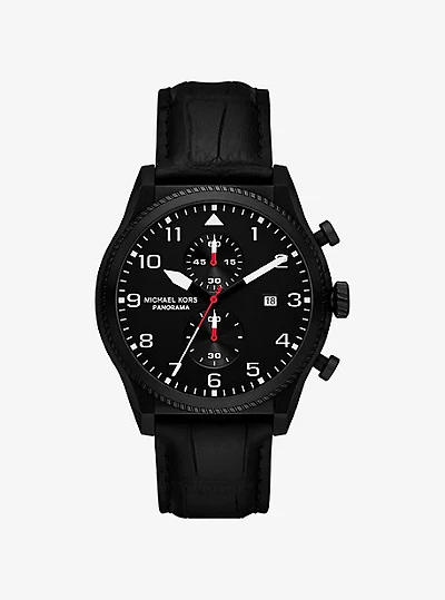 Oversized Panorama Black-Tone and Crocodile Embossed Leather Watch