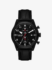 Oversized Panorama Black-Tone and Crocodile Embossed Leather Watch