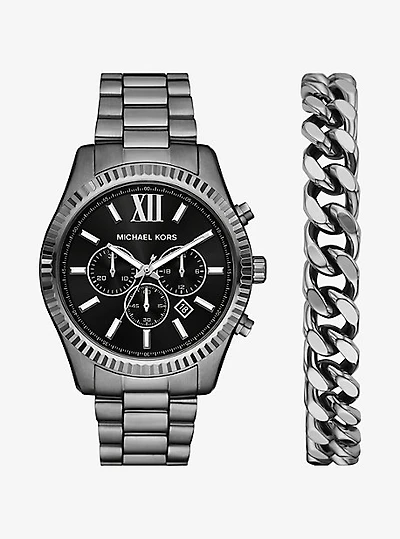 Oversized Lexington Gunmetal Watch and Bracelet Gift Set