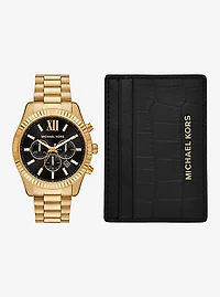 Oversized Lexington Gold-Tone Watch and Crocodile Embossed Leather Card Case Gift Set