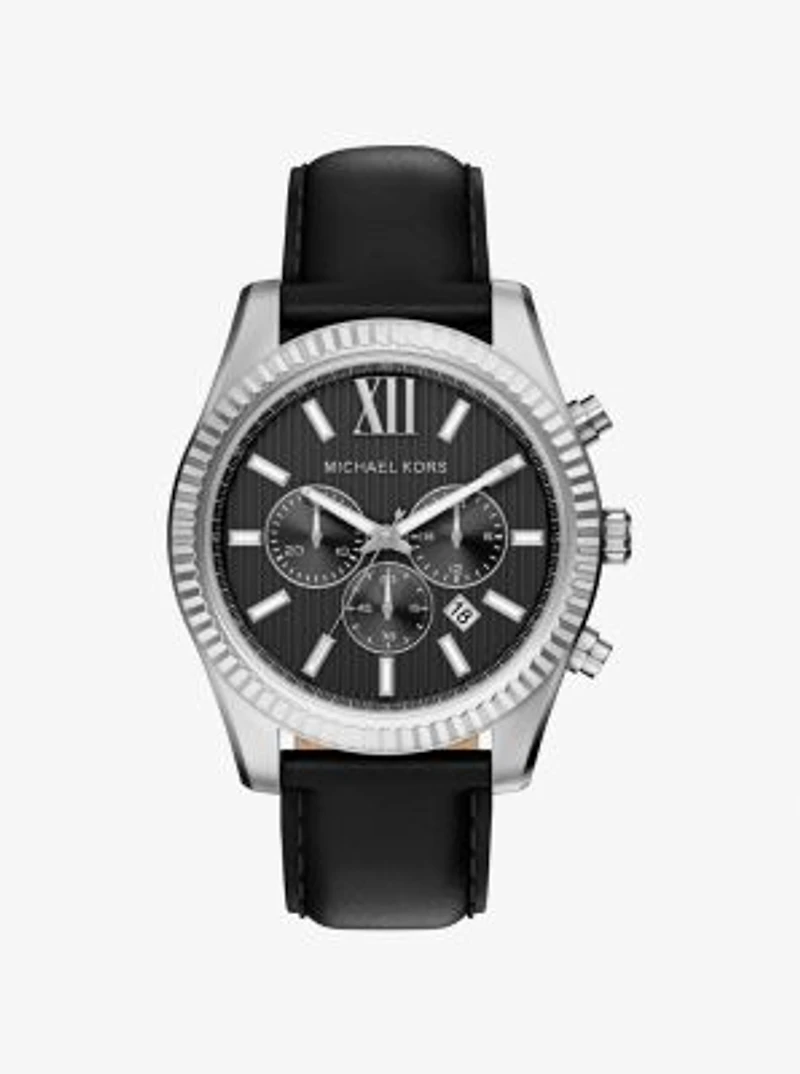 Oversized Lexington Silver-Tone and Leather Watch