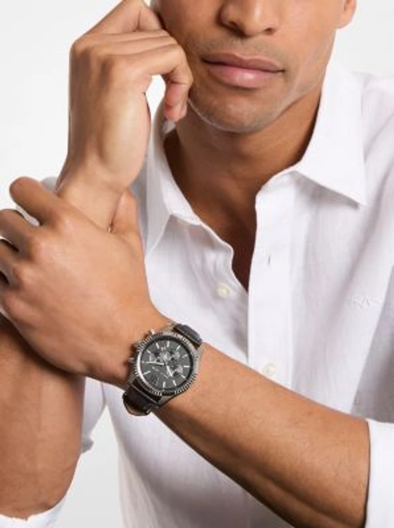 Oversized Lexington Silver-Tone and Leather Watch