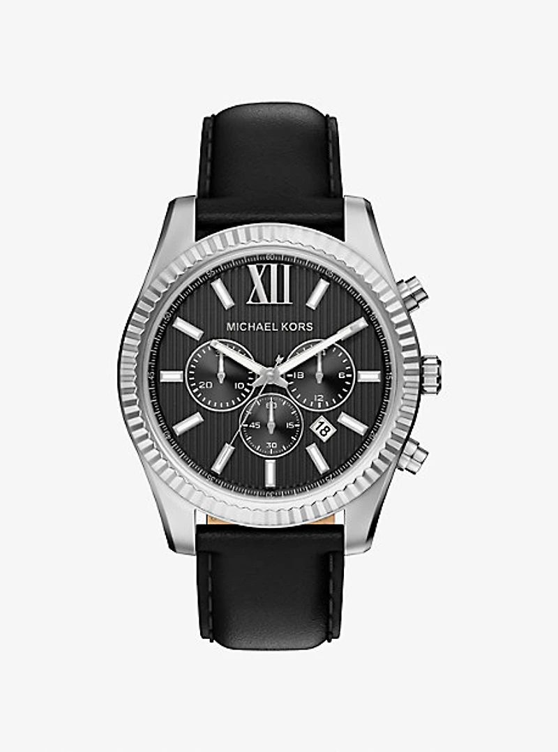 Oversized Lexington Silver-Tone and Leather Watch