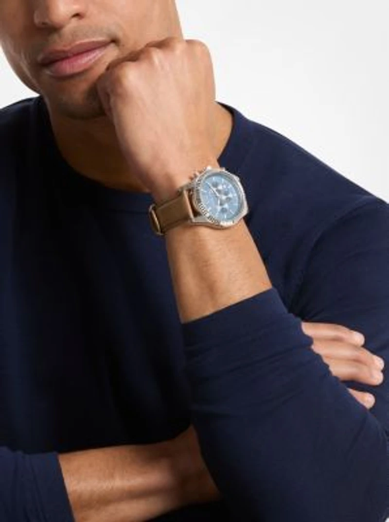 Oversized Lexington Silver-Tone and Leather Watch