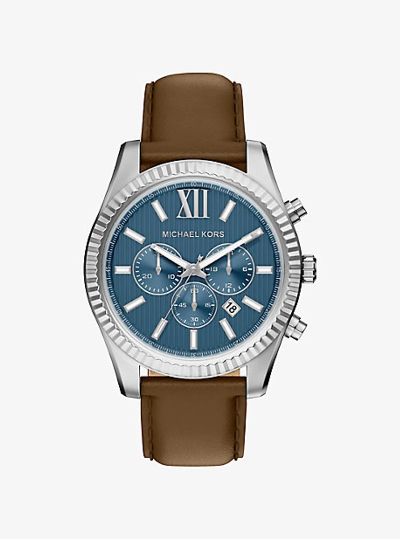 Oversized Lexington Silver-Tone and Leather Watch