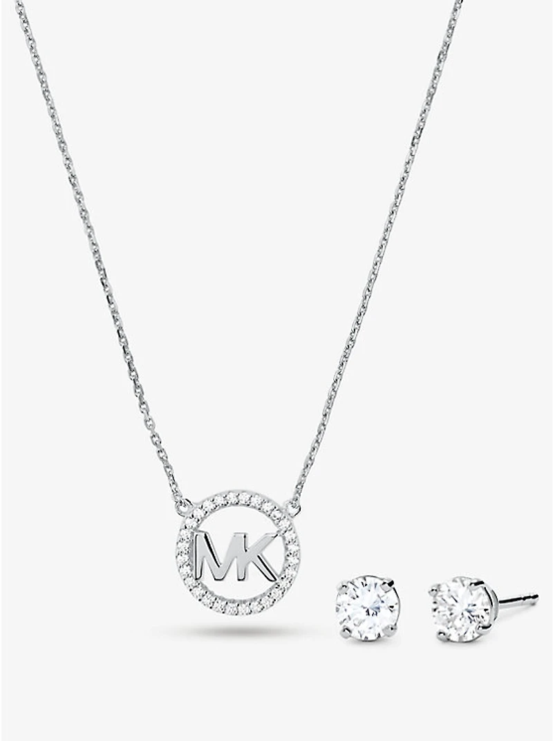 14K Rose Gold-Plated Sterling Silver Pavé Logo Charm Necklace and Stud Earrings Set