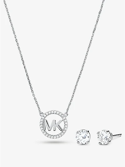 14K Rose Gold-Plated Sterling Silver Pavé Logo Charm Necklace and Stud Earrings Set