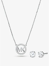 14K Rose Gold-Plated Sterling Silver Pavé Logo Charm Necklace and Stud Earrings Set