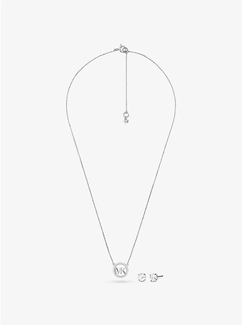 14K Rose Gold-Plated Sterling Silver Pavé Logo Charm Necklace and Stud Earrings Set