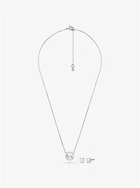 14K Rose Gold-Plated Sterling Silver Pavé Logo Charm Necklace and Stud Earrings Set
