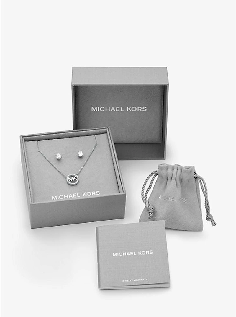 14K Rose Gold-Plated Sterling Silver Pavé Logo Charm Necklace and Stud Earrings Set