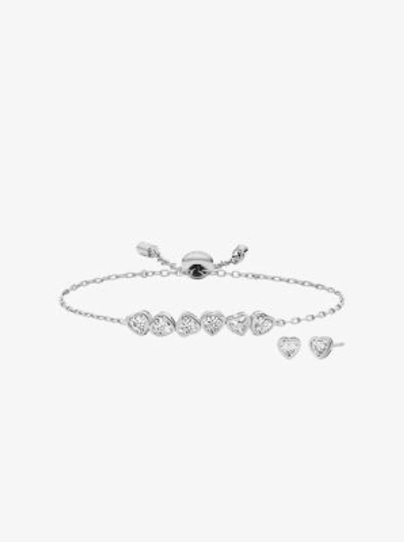 Cubic Zirconia Hearts Slider Bracelet and Stud Earrings