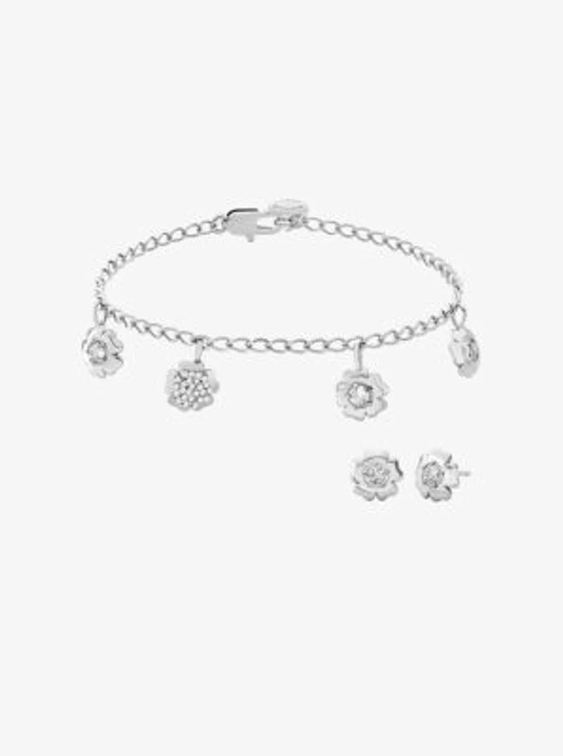 Pavé Flower Charm Bracelet and Stud Earrings Jewelry Set