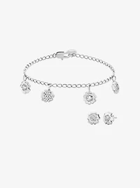 Pavé Flower Charm Bracelet and Stud Earrings Jewelry Set