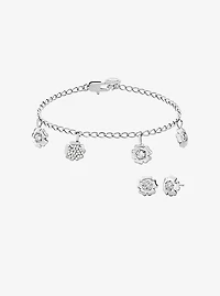 Pavé Flower Charm Bracelet and Stud Earrings Jewelry Set