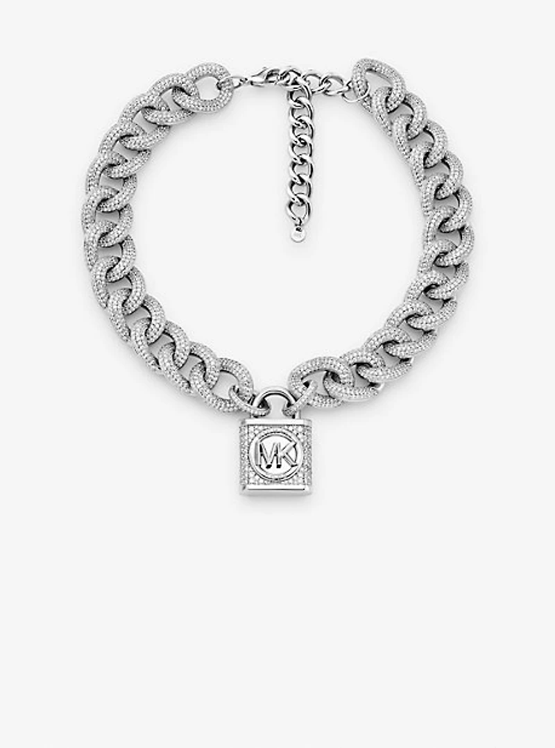 Precious Metal-Plated Brass Pavé Lock Curb Link Necklace