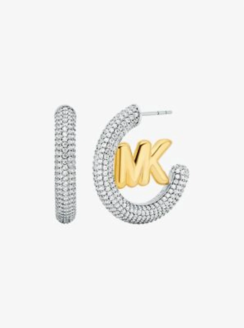 Large Pavé Logo Charm Two-Tone Hoop Earrings