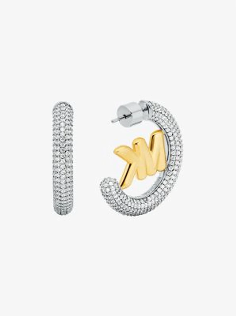 Large Pavé Logo Charm Two-Tone Hoop Earrings