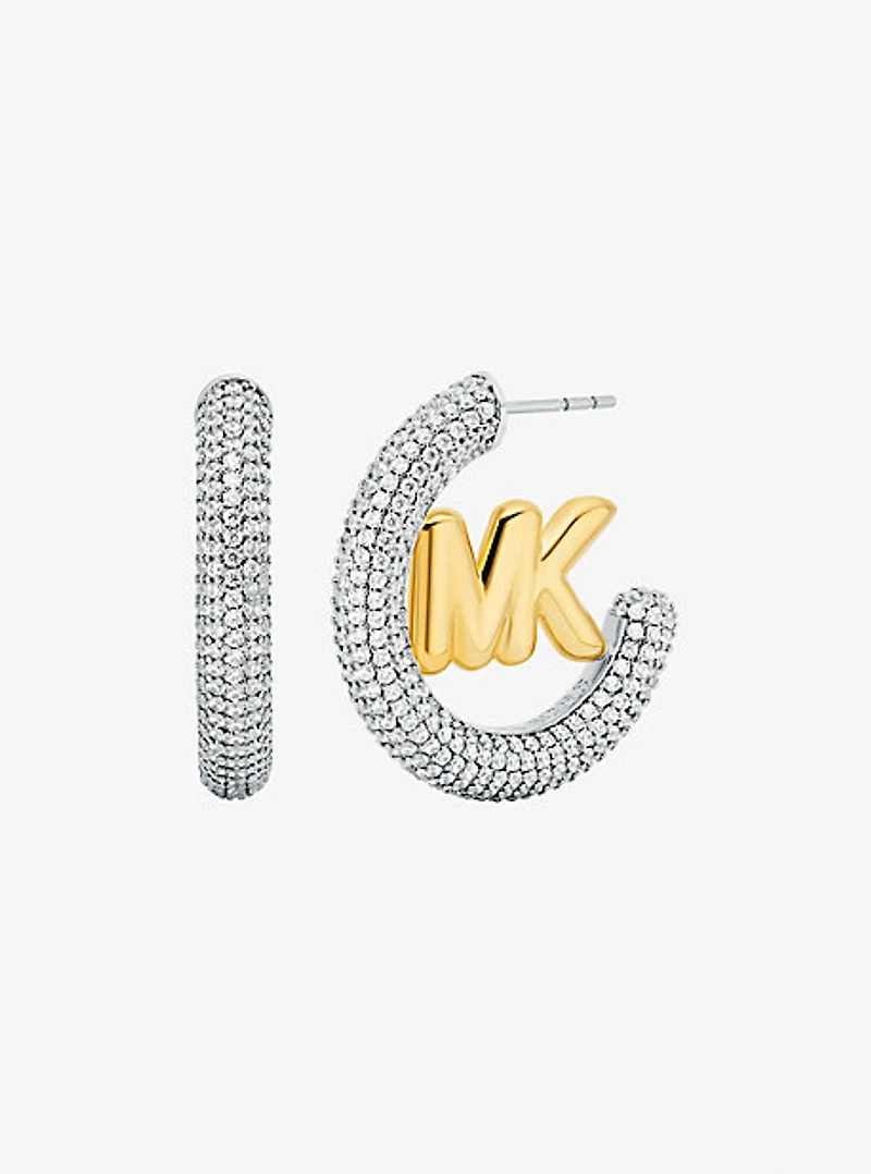 Large Pavé Logo Charm Two-Tone Hoop Earrings