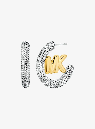 Large Pavé Logo Charm Two-Tone Hoop Earrings