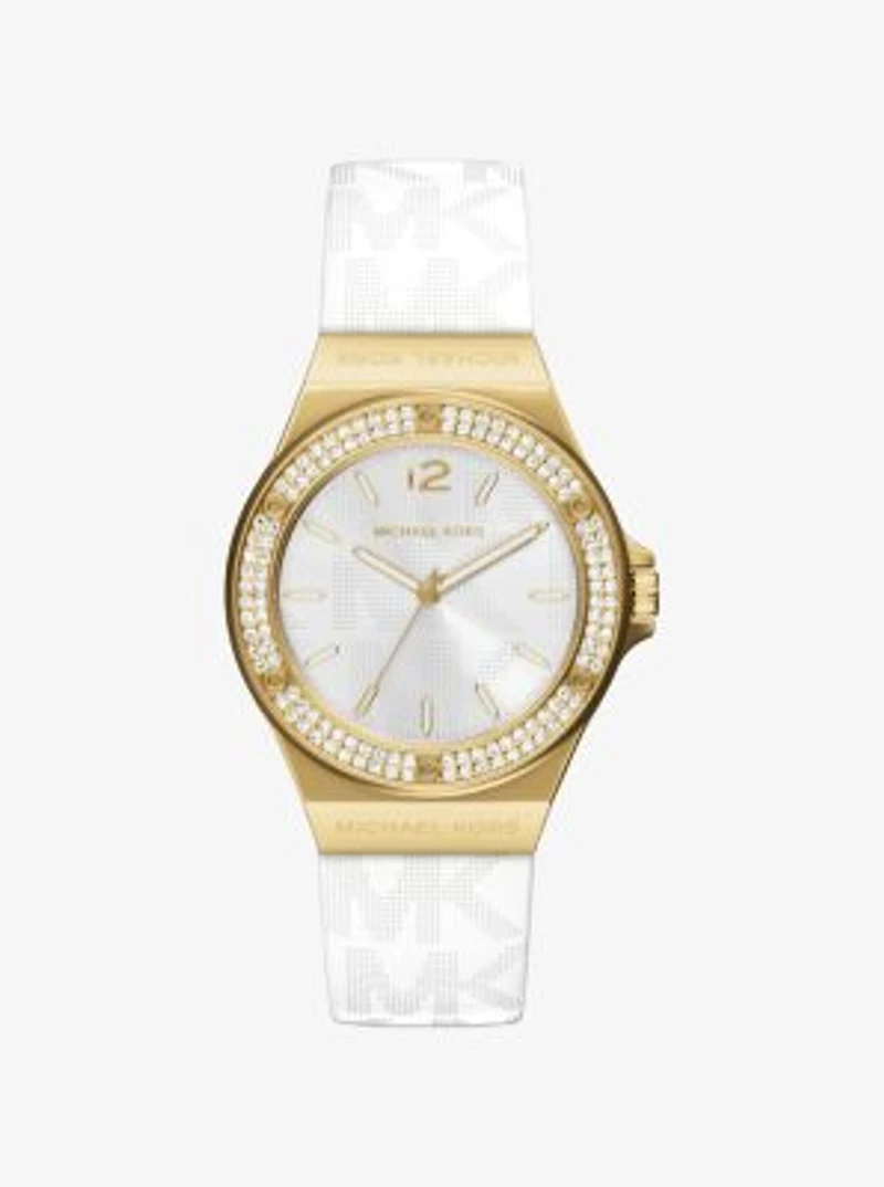 Lennox Pavé Gold-Tone and Logo Silicone Strap Watch