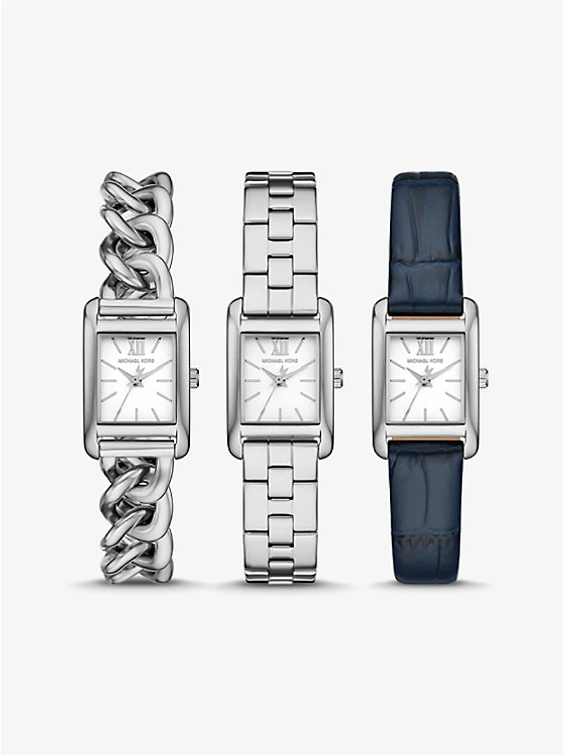 Petite Monroe Silver-Tone and Crocodile-Embossed Leather Watch Strap Set