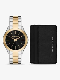 Oversized Aspyn Two-Tone Watch and Leather Card Case Gift Set