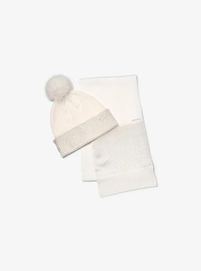 Embellished Knit Beanie Hat and Scarf Set